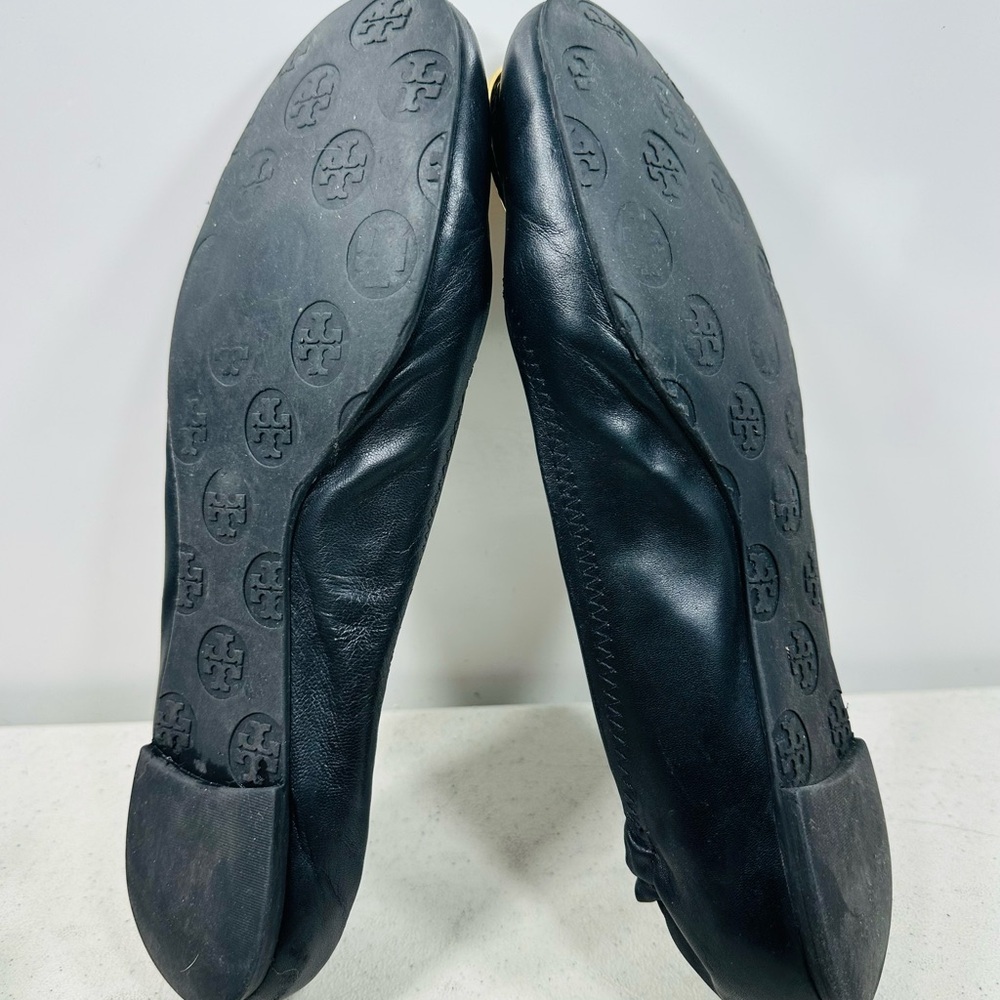 TORY BURCH BLACK LEATHER GOLD REVA BALLET FLATS SZ 9 - Picture 5 of 6
